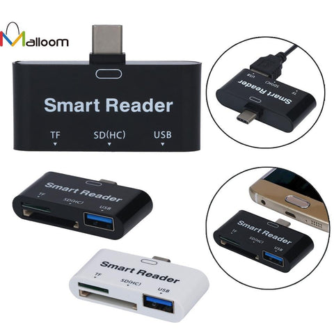 2017 Black and white USB Type-C OTG Smart Reader TF/SD(HC)/USB Adapter (3 in 1)  + Usb Cable